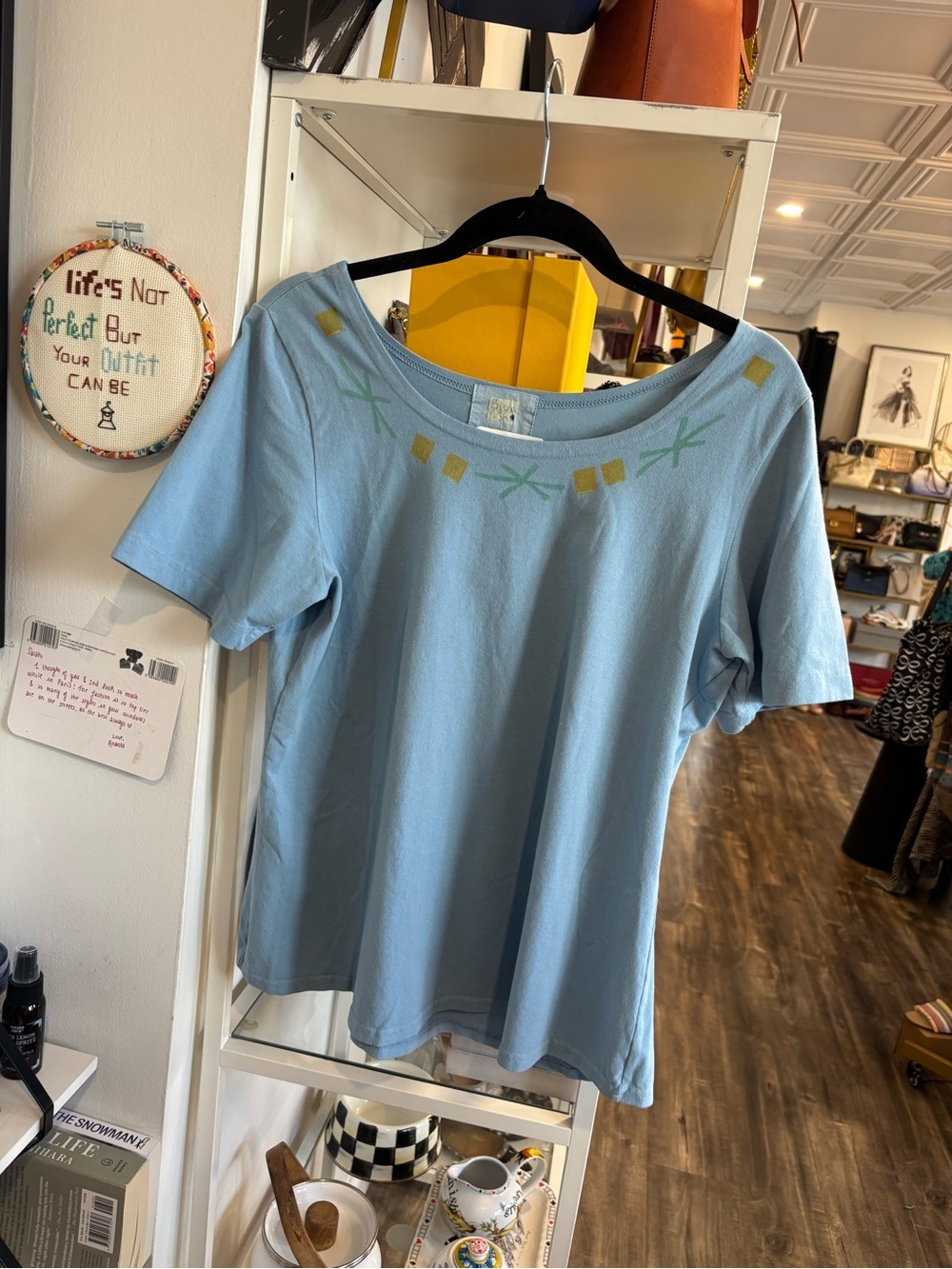 Blue Fish Light Blue Scoop Neck Tee with Yellow & Mint Accents NWT